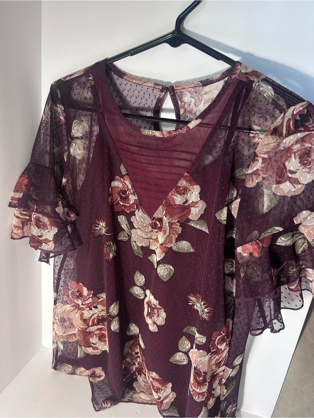 Maurices Burgundy Floral Mesh Peasant Top